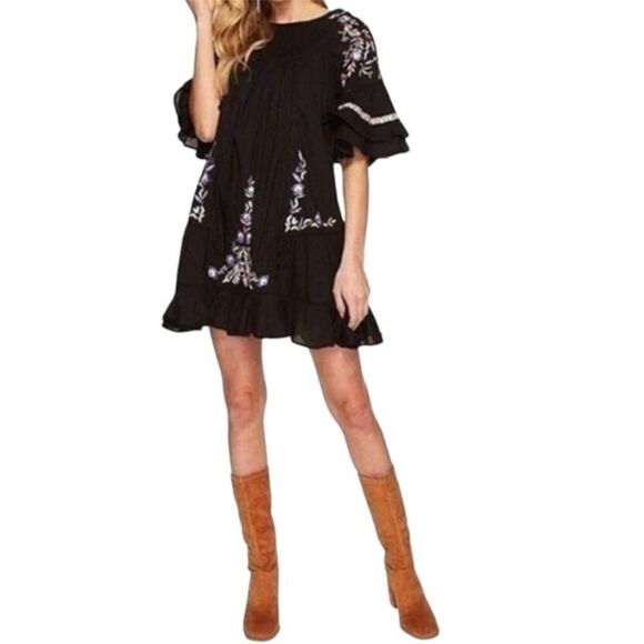 Free people black pavlo dress boho embroidered size S/P - Picture 5 of 16
